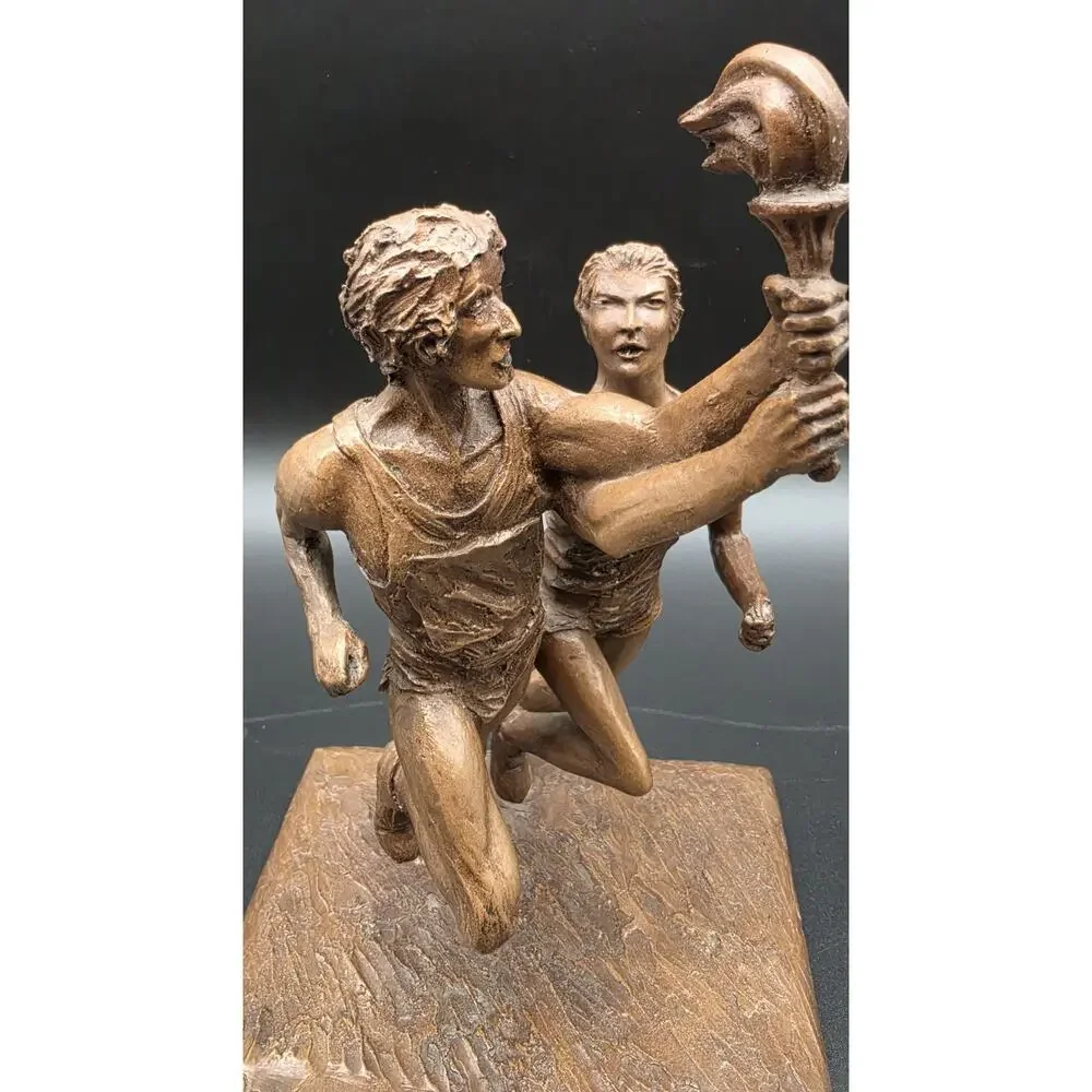 Vintage Bronze Olympic Runners Torch Sculpture 9.75